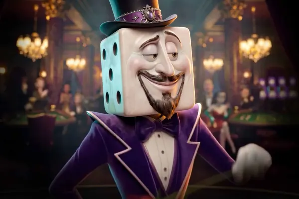 De koning van Dice Palace met een glimlach in een casinozaal met kroonluchters