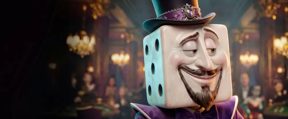 Feestzaal van Dice Palace met de koning en koningin onder kroonluchters